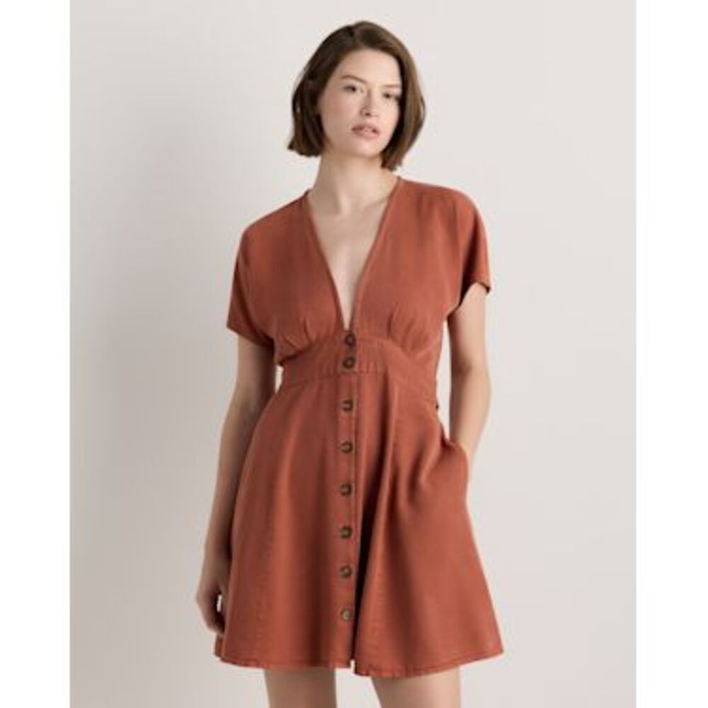 Quince Women Vintage Wash Tencel Button Front Dress Terracotta Basic Sleeved M